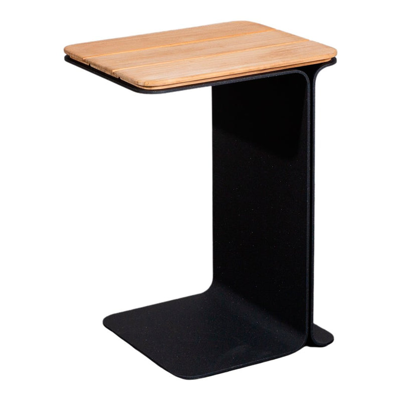 Minimalist black side table with a natural bamboo top, featuring sleek lines and a modern design.