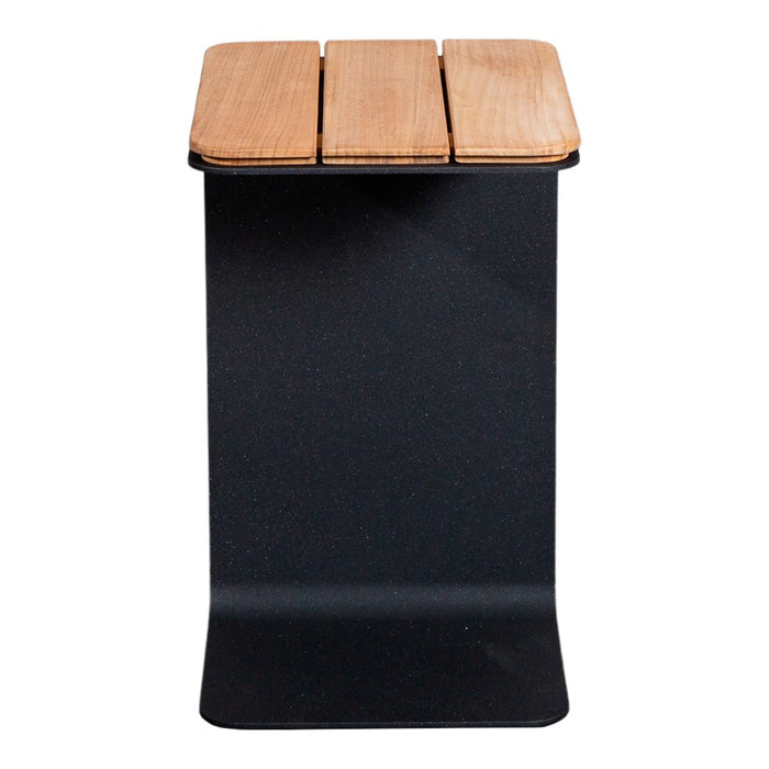 Wooden slatted top in natural finish over sleek black base, perfect for modern decor.