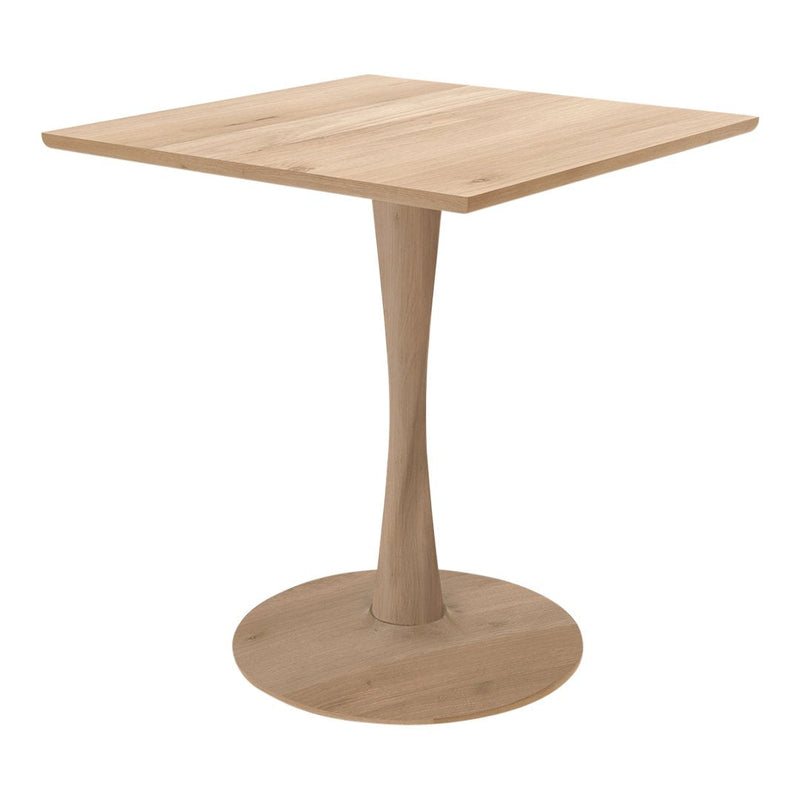 Light wood square table with a smooth finish and a minimalist design, featuring natural wood tones and a sleek pedestal base.