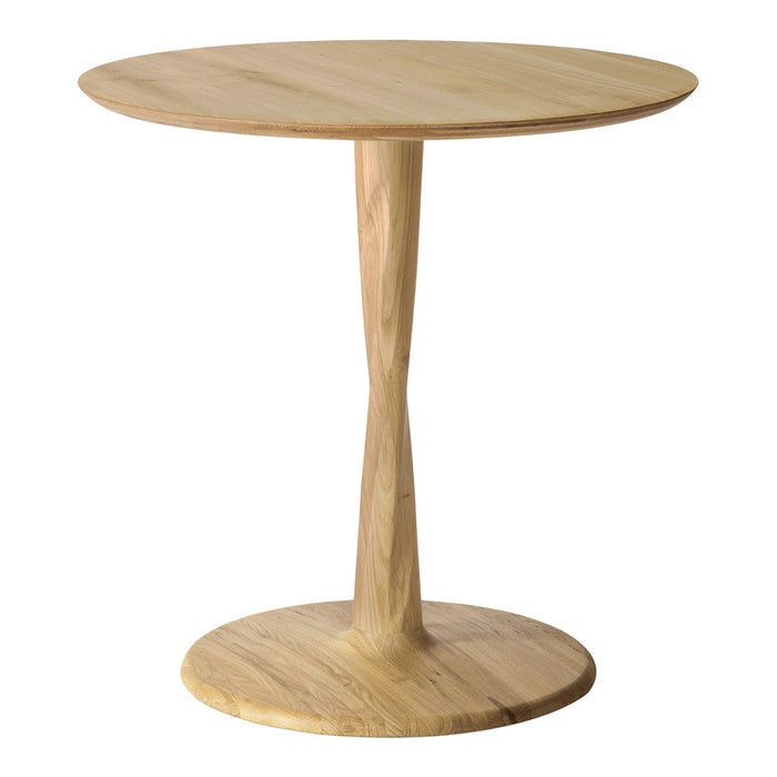 Natural wood round table with a smooth finish and a sleek, minimalist design in light beige tones.