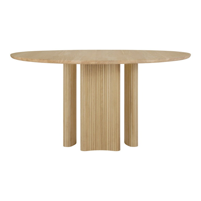 Light natural wood round table with vertical ribbed pattern on tapered legs and smooth surface.