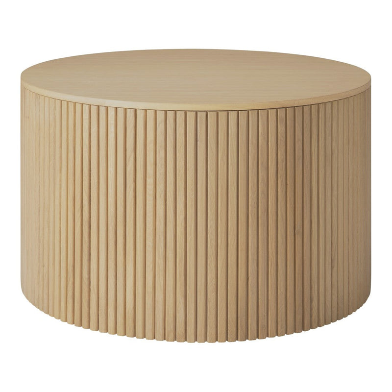Natural wood round coffee table with a textured, ribbed design in light beige tones. Perfect for modern decor.