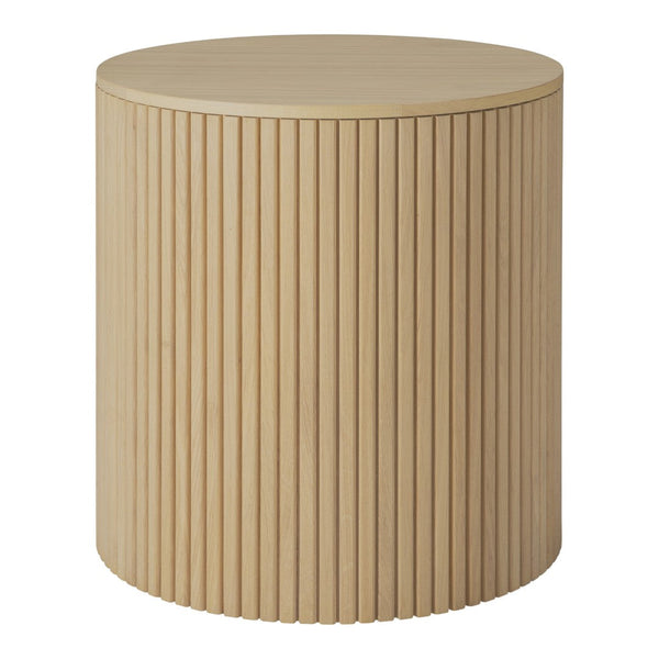 Light natural wood accent table with vertical ribbed texture and smooth round top. Ideal for modern decor.