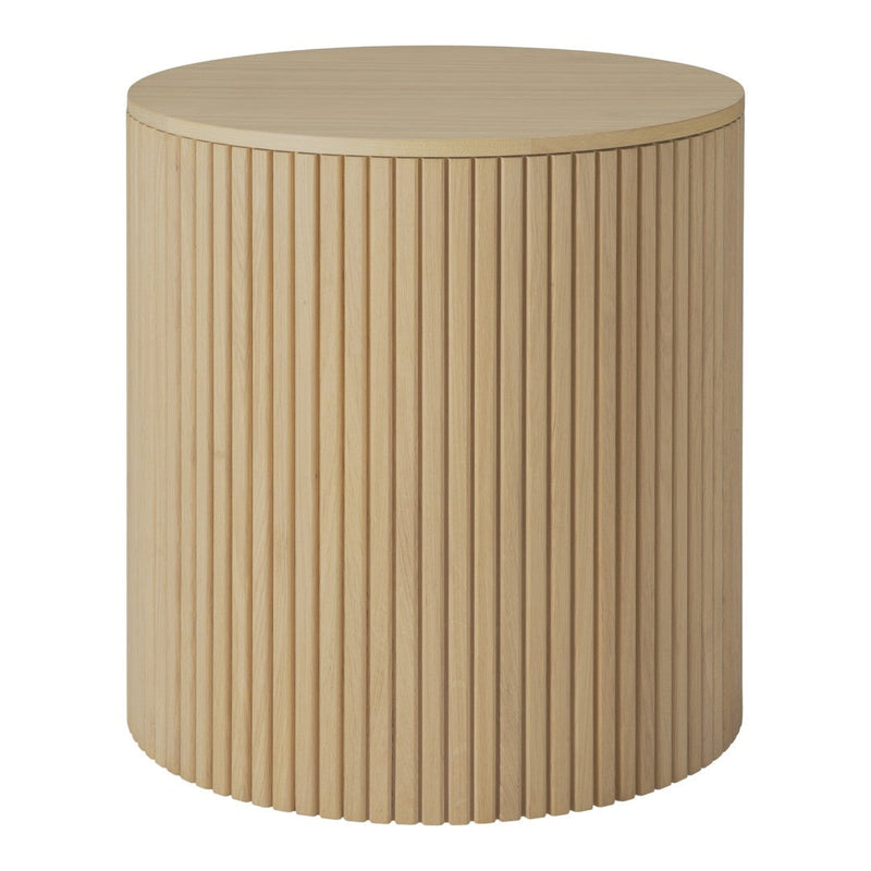 Light natural wood accent table with vertical ribbed texture and smooth round top. Ideal for modern decor.