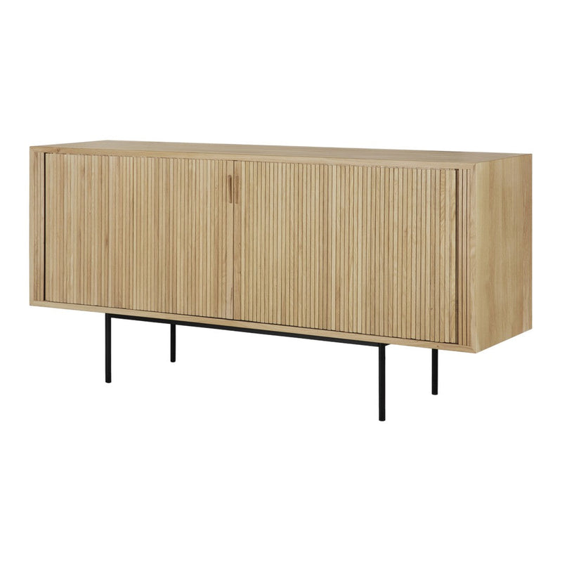 Wooden sideboard in natural light oak with vertical slats and black metal legs. Minimalist and modern design.