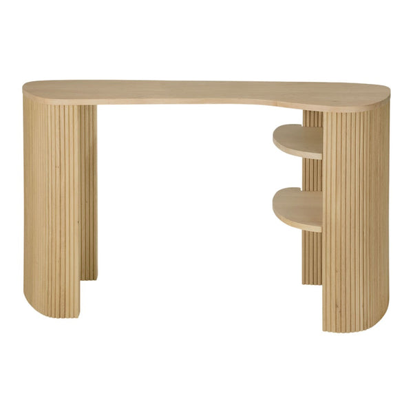 Light wood console table with ribbed design and smooth curves, featuring two open shelves for modern decor.