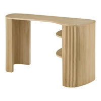 Light oak console table with vertical ribbed texture and smooth, curved edges, featuring two open shelves.
