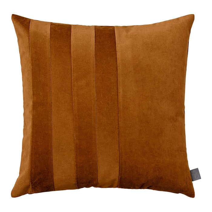 Soft brown velvet pillow featuring vertical stripes in varying shades of brown. Perfect for cozy decor.