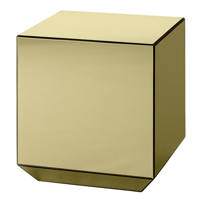 Gold mirrored cube side table with sleek, modern design and sharp edges. Reflective surface adds elegance to any space.