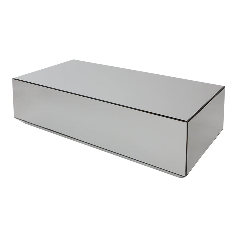 Sleek mirrored coffee table with a minimalist design, featuring a smooth silver surface and sharp geometric edges.
