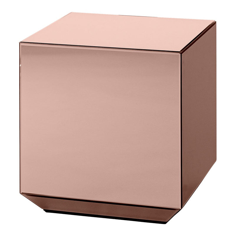 Glossy rose gold cube-shaped side table with a sleek, minimalist design. Perfect for modern interiors.