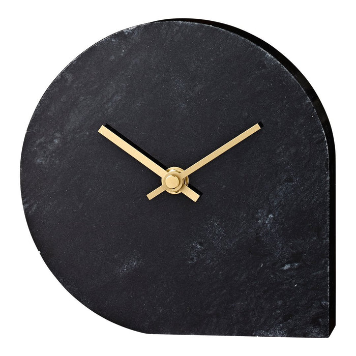 Round black marble clock with a sleek gold hour and minute hand. Elegant minimalist design and modern aesthetic.