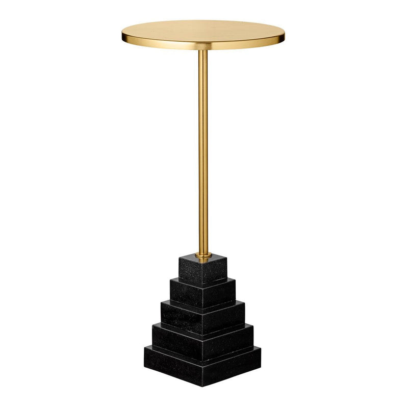 Gold and black pyramid side table with a sleek round top and geometric base, adding modern elegance to any space.