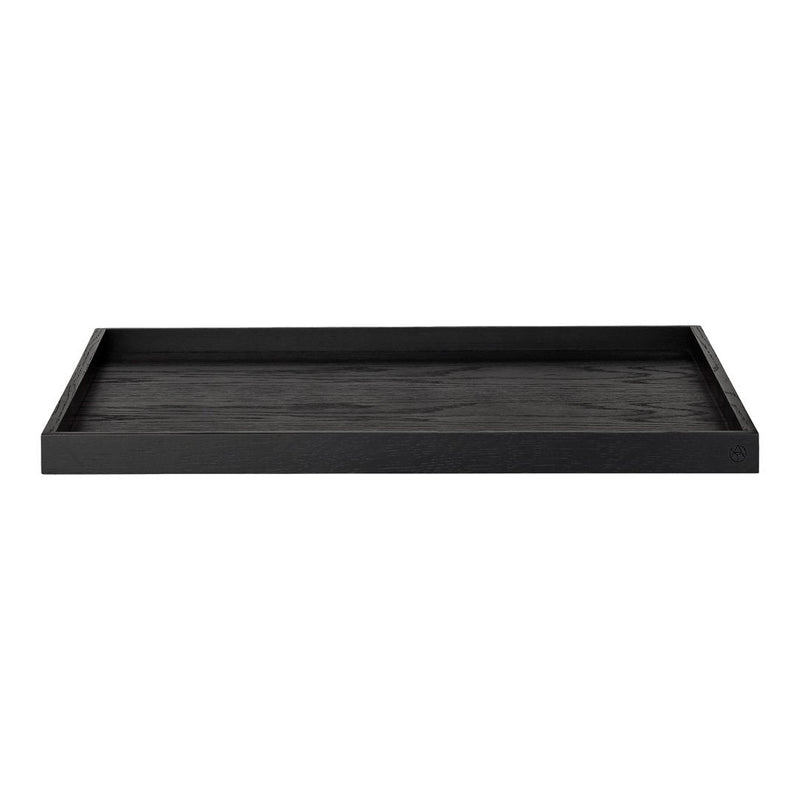 Sleek black wooden tray with a smooth, matte finish and subtle wood grain pattern. Perfect for modern decor.