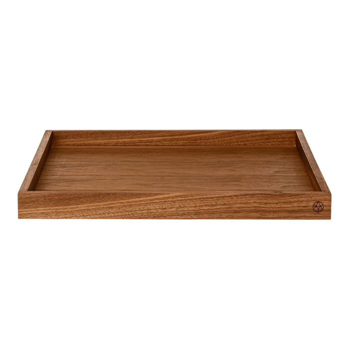 Natural wood serving tray in rich brown hue with smooth, minimalist design and subtle grain patterns.