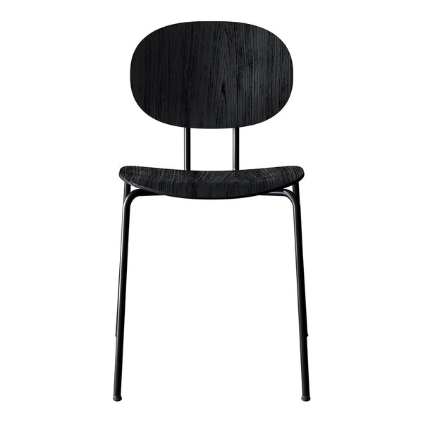 Sleek black wooden chair with a smooth, minimalist design and oval backrest, perfect for modern decor.