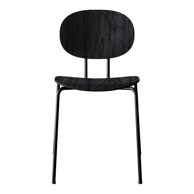 Sleek black wooden chair with a smooth, minimalist design and oval backrest, perfect for modern decor.
