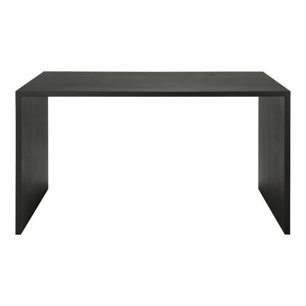 Sleek black rectangular desk with a minimalist design and smooth surface, perfect for any modern workspace.