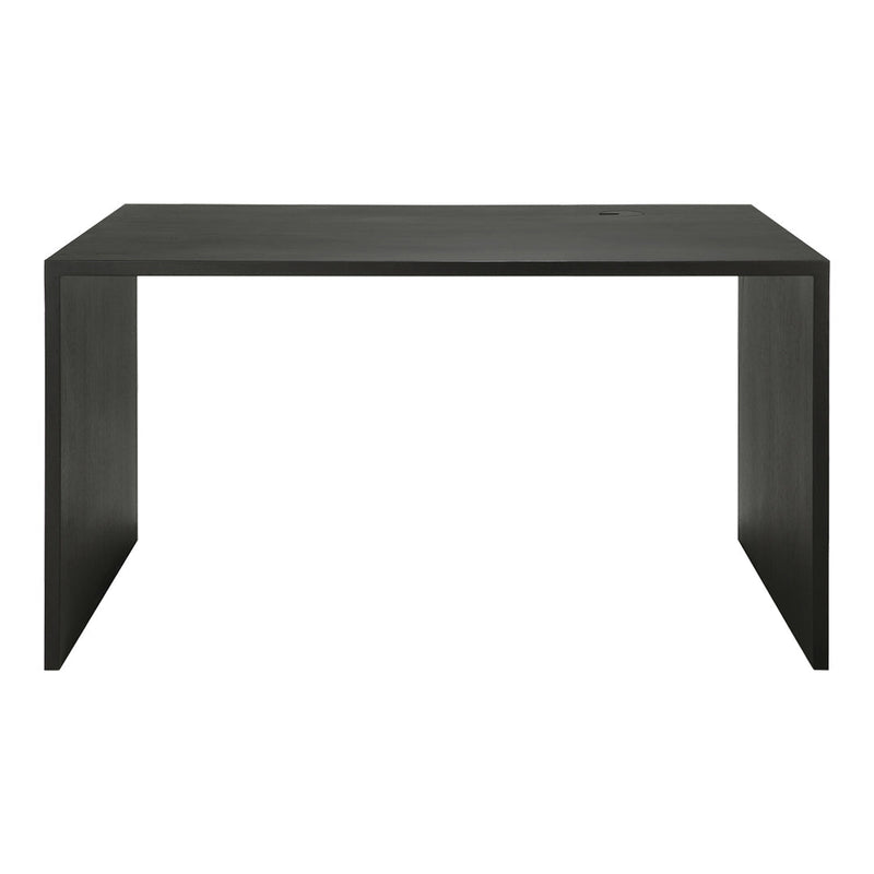 Sleek black rectangular desk with a minimalist design and smooth surface, perfect for any modern workspace.