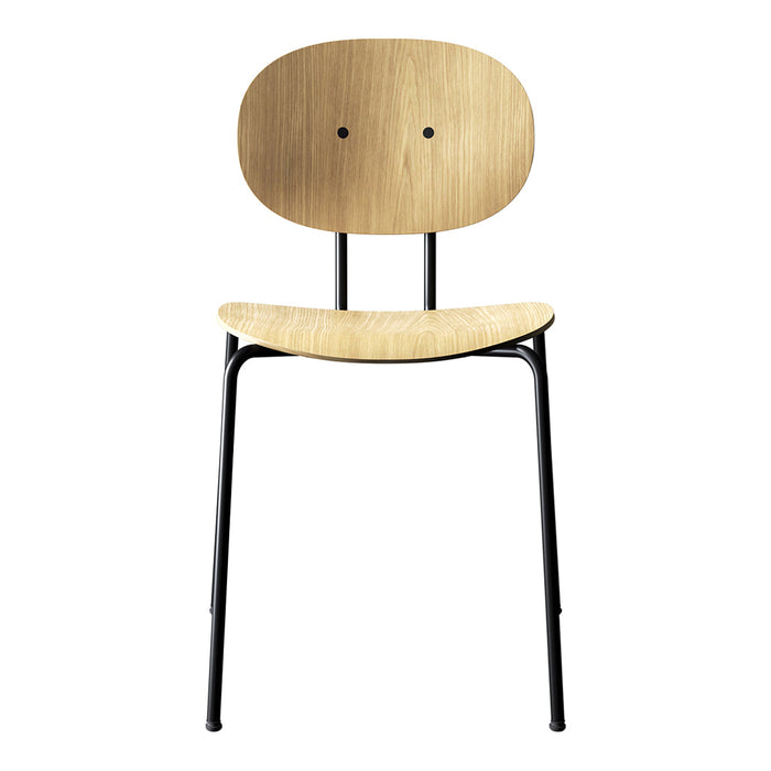 Light wood chair with a smooth grain texture and black metal legs, featuring a minimalist, modern design.