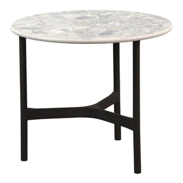 Round table with a marble-patterned top in gray and white, featuring a sleek black metal frame.