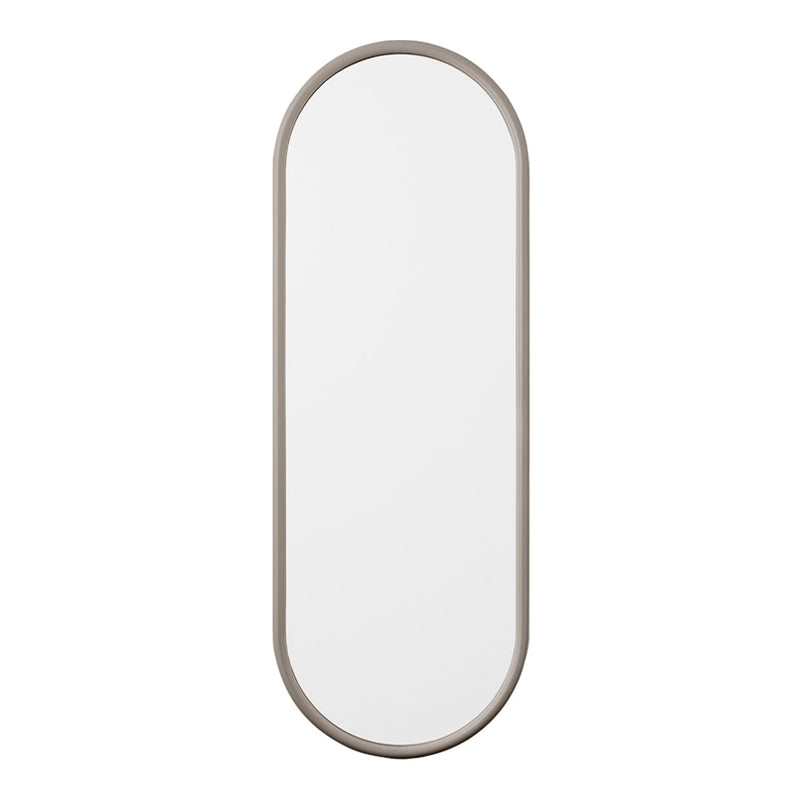 Sleek oval mirror with a minimalist design and soft beige frame, perfect for modern decor.