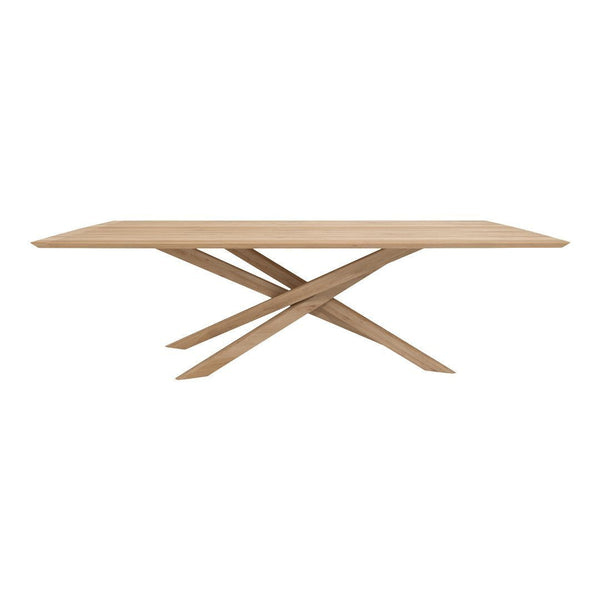 Natural wood dining table with a light finish and striking crisscross leg design. Perfect for modern interiors.