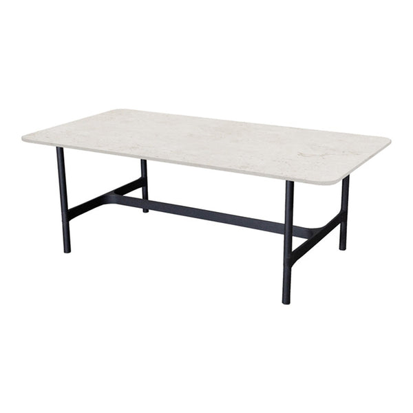 Light gray tabletop with subtle veining, matte finish, supported by a sleek black metal frame.