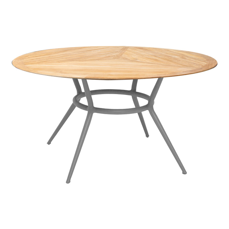 Round wooden tabletop in light oak with a sleek gray metal base, showcasing a modern and minimalist design.