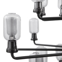 Glass bulb chandelier with black metal arms, showcasing a sleek, modern design and clear glass accents.