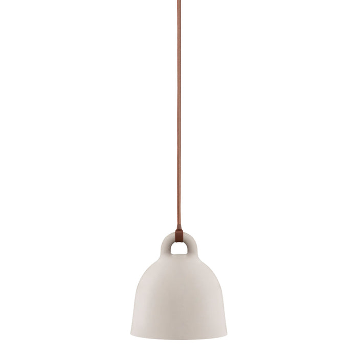 Off-white ceramic pendant lamp with a simple bell shape and brown cord. Minimalist design for modern decor.