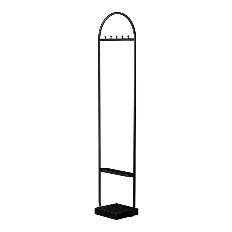 Sleek black coat rack with minimalistic design and smooth lines, featuring a sturdy base and curved top.