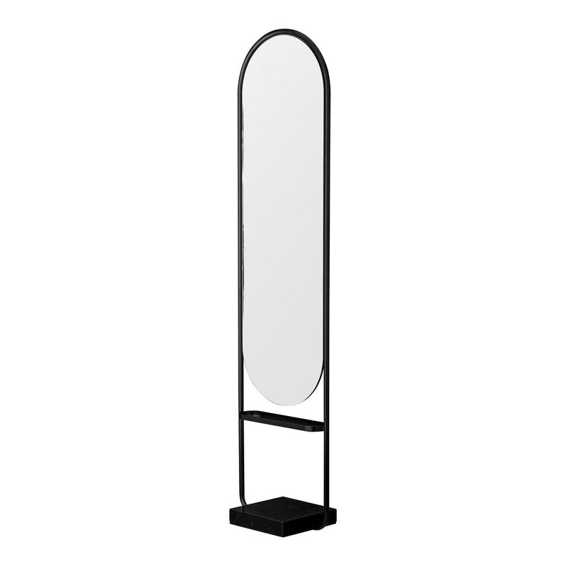 Black-framed full-length mirror with a sleek oval shape and a minimalist design on a black base.