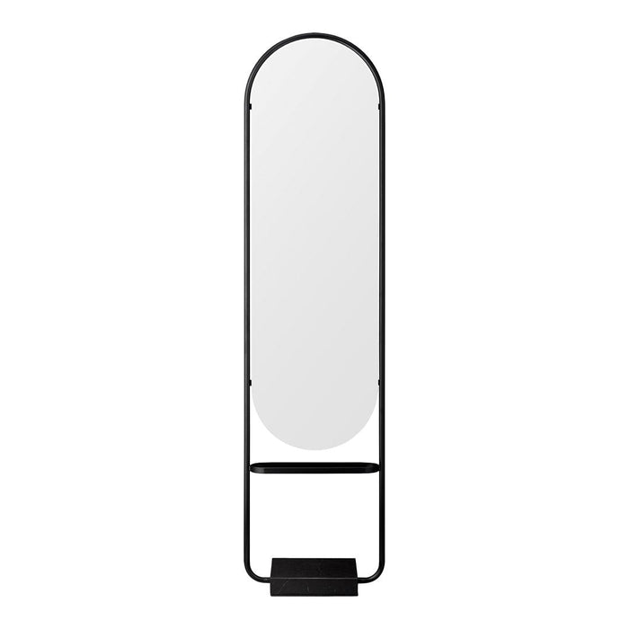 Sleek black frame modern floor mirror with an oval reflective surface and minimalist design. Perfect for contemporary decor.