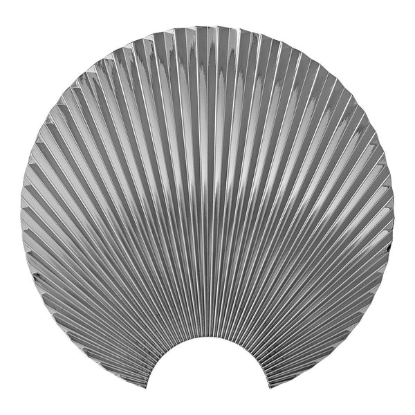 Silver pleated fan-shaped design with a textured pattern, showcasing a sleek metallic look. Ideal for decor.