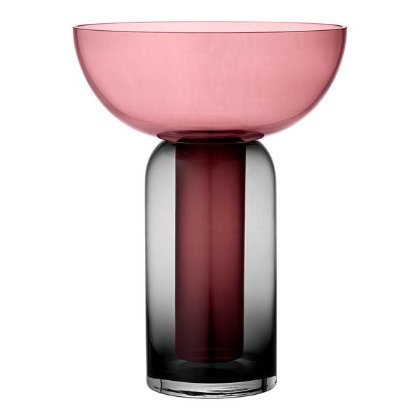 Elegant glass vase featuring a pink bowl top and a gradient black to deep burgundy base. Modern design for stylish decor.