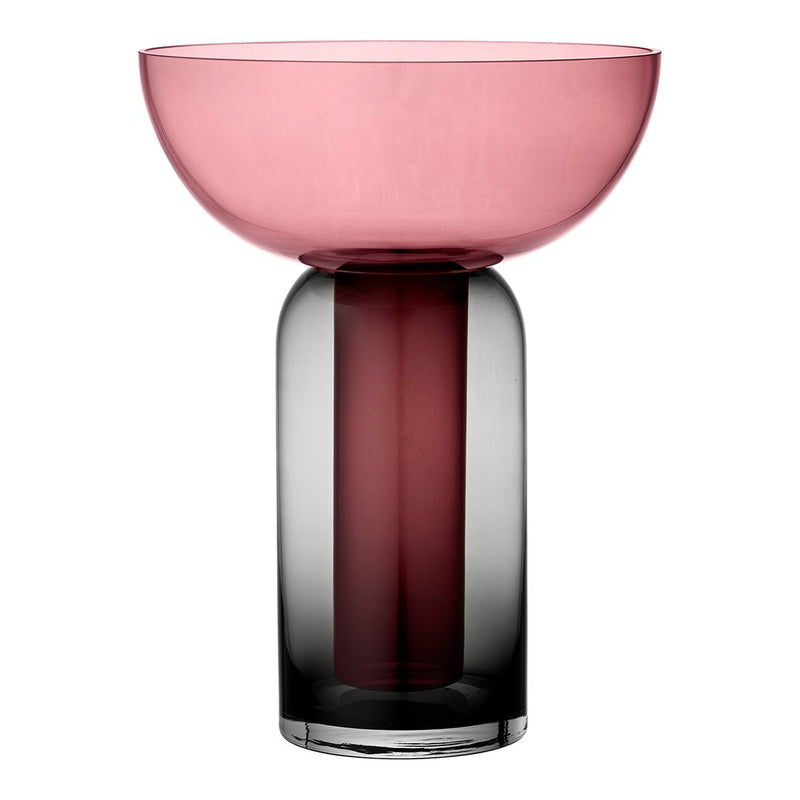 Elegant glass vase featuring a pink bowl top and a gradient black to deep burgundy base. Modern design for stylish decor.