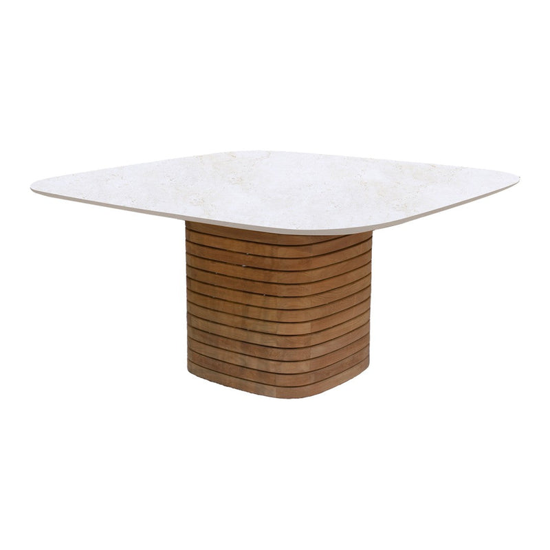 Square dining table with a smooth white top and a textured brown wooden base featuring horizontal stripes.