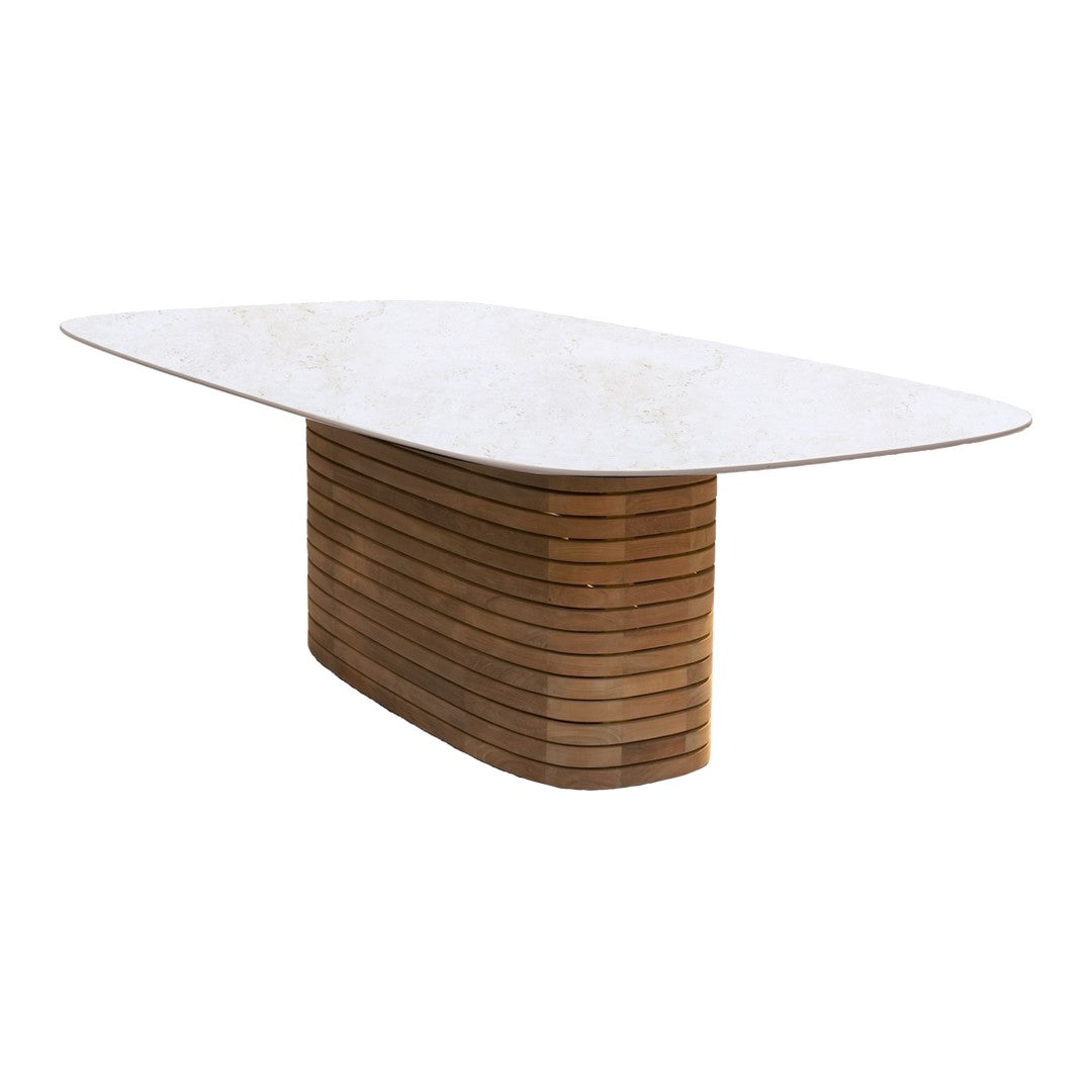 Elegant white tabletop with a ribbed wood base, showcasing a modern design and a natural wood finish. Perfect for any space.