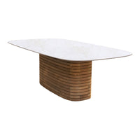 Elegant white tabletop with a ribbed wood base, showcasing a modern design and a natural wood finish. Perfect for any space.