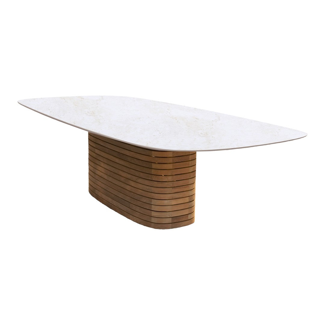 Elegant white marble tabletop with natural wood grain base, featuring smooth curves and a modern design.