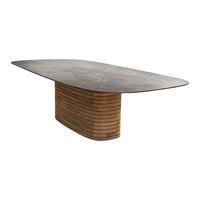 Gray tabletop with a smooth finish, supported by a wooden base featuring a striped pattern in warm tones.