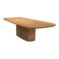 Natural wood dining table with a warm, honey finish and unique curved stripe design. Perfect for modern interiors.