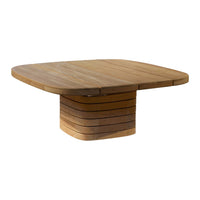 Square wooden dining table with a smooth natural finish and layered striped pedestal base. Ideal for modern decor.
