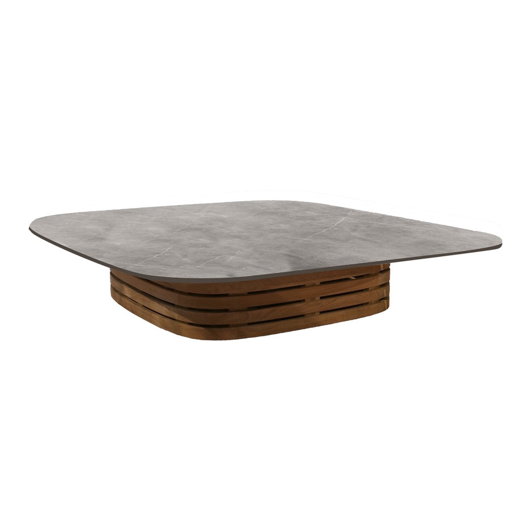 Square coffee table with a smooth gray top and a warm wooden slatted base, adding a modern touch to any space.