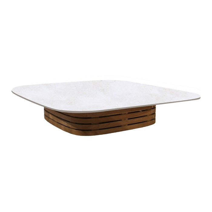 Square coffee table with a white surface and sleek wooden slatted base, blending modern and rustic styles.