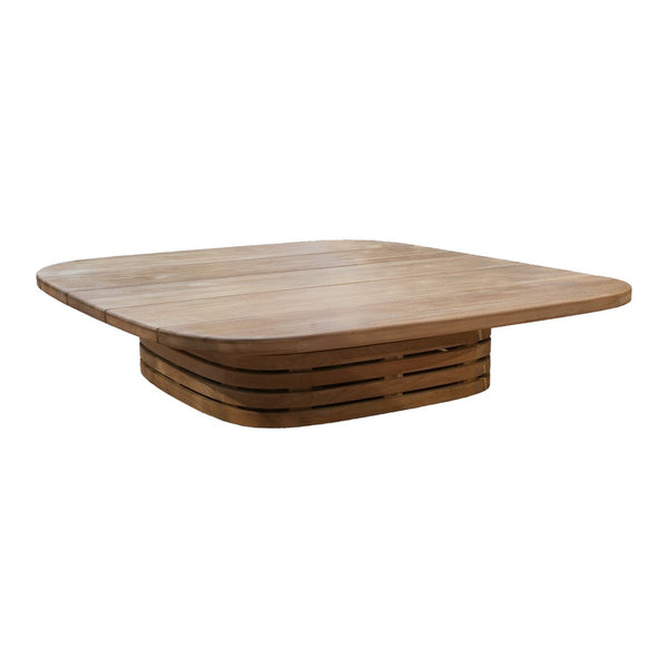 Light brown wooden coffee table with a smooth surface and layered slatted base, featuring a contemporary design.