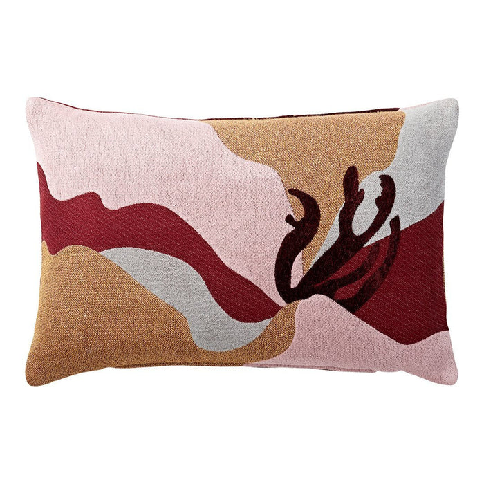 "Abstract pillow with muted pink, burgundy, beige, and gray colors in wavy patterns and textured design."