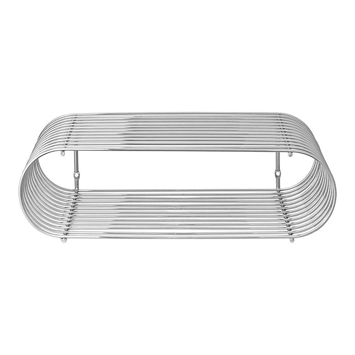 Chrome wire shelf with sleek, minimalist design featuring horizontal lines and a polished finish. Perfect for modern spaces.