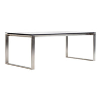 Sleek rectangular table with a glossy black surface and metallic silver legs, featuring a modern minimalistic design.